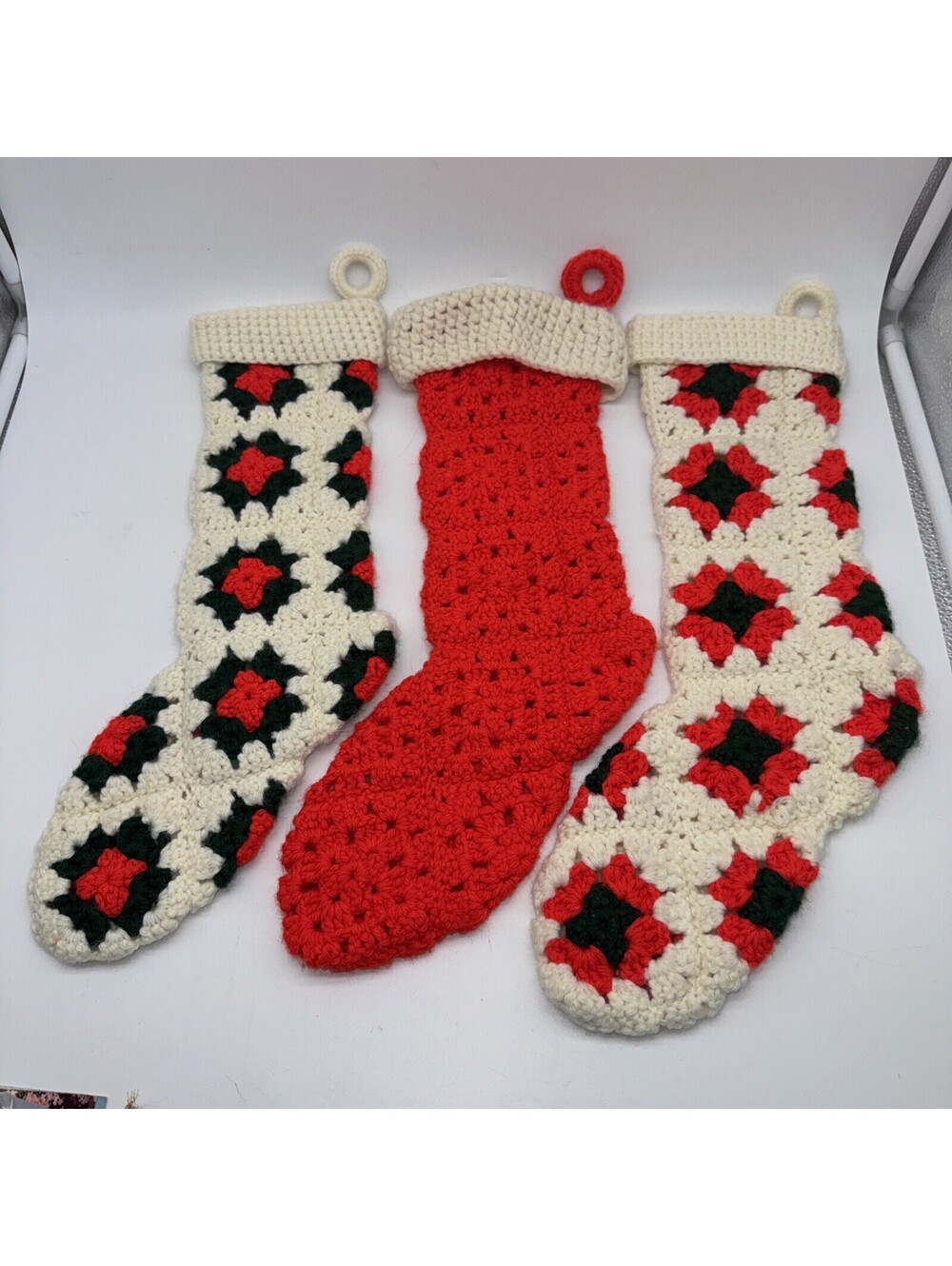 3 Vintage Christmas Stockings Crochet Granny Square Red White Green Handmade